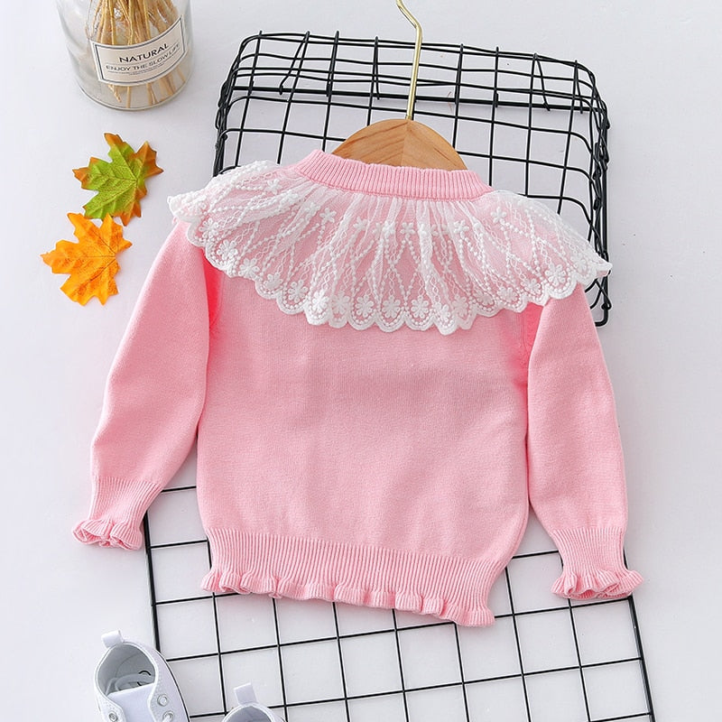 Autumn Winter Toddler Baby Girl Lace Collar Ruffled Solid Knitted Sweater
