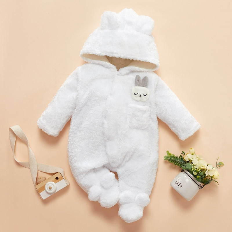 Winter Baby Solid Fleece Rabbit Hooded Jumpsuit Romper