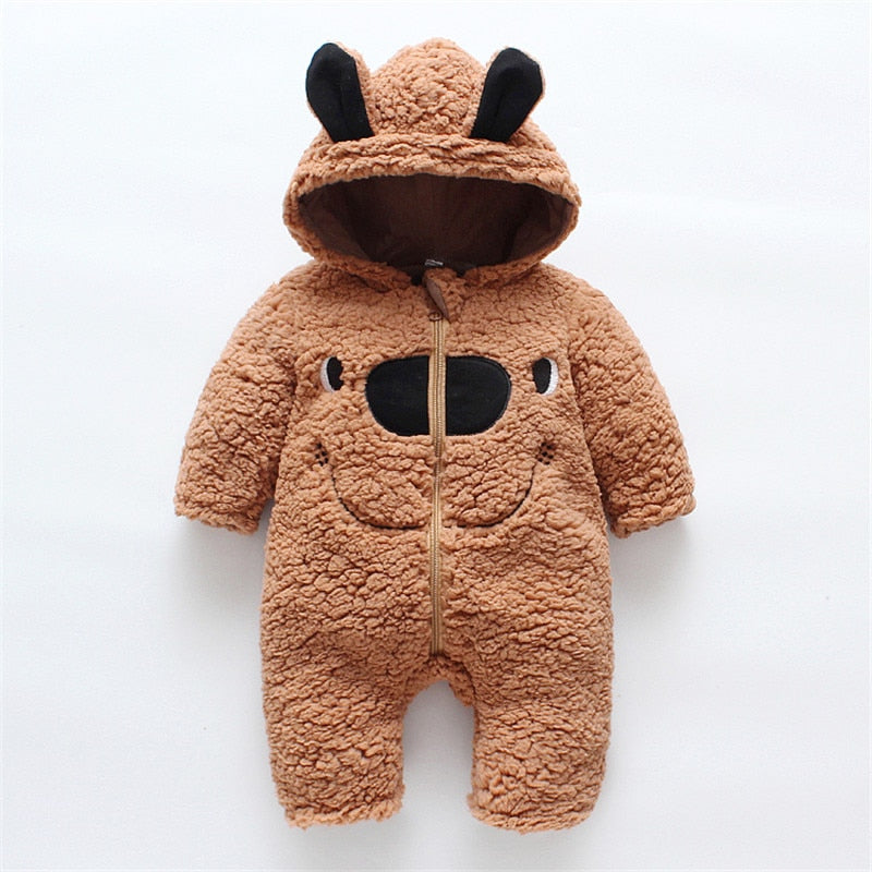 Winter Baby 3D Ears Design Solid Hooded Jumpsuit Romper