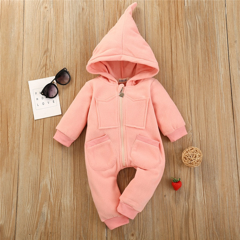 Baby Solid Warm Hooded Jumpsuit Long- Sleeves Rompers