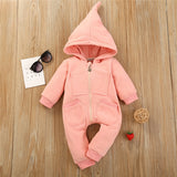 Baby Solid Warm Hooded Jumpsuit Long- Sleeves Rompers
