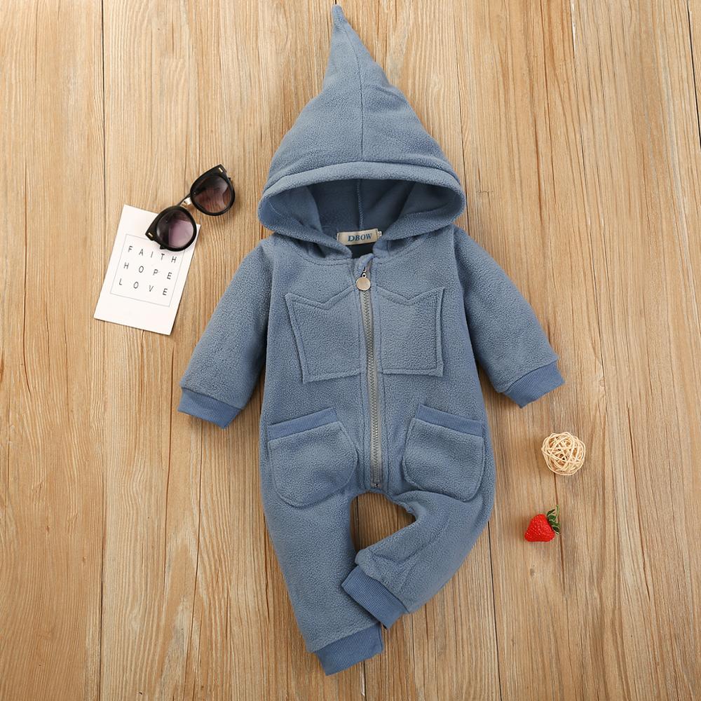 Baby Solid Warm Hooded Jumpsuit Long- Sleeves Rompers