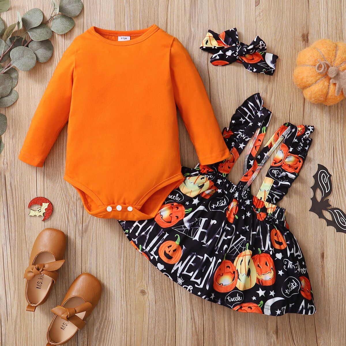0-24M Baby Girl Halloween Pumpkin Print Long-sleeve Orange Set 2 Pcs