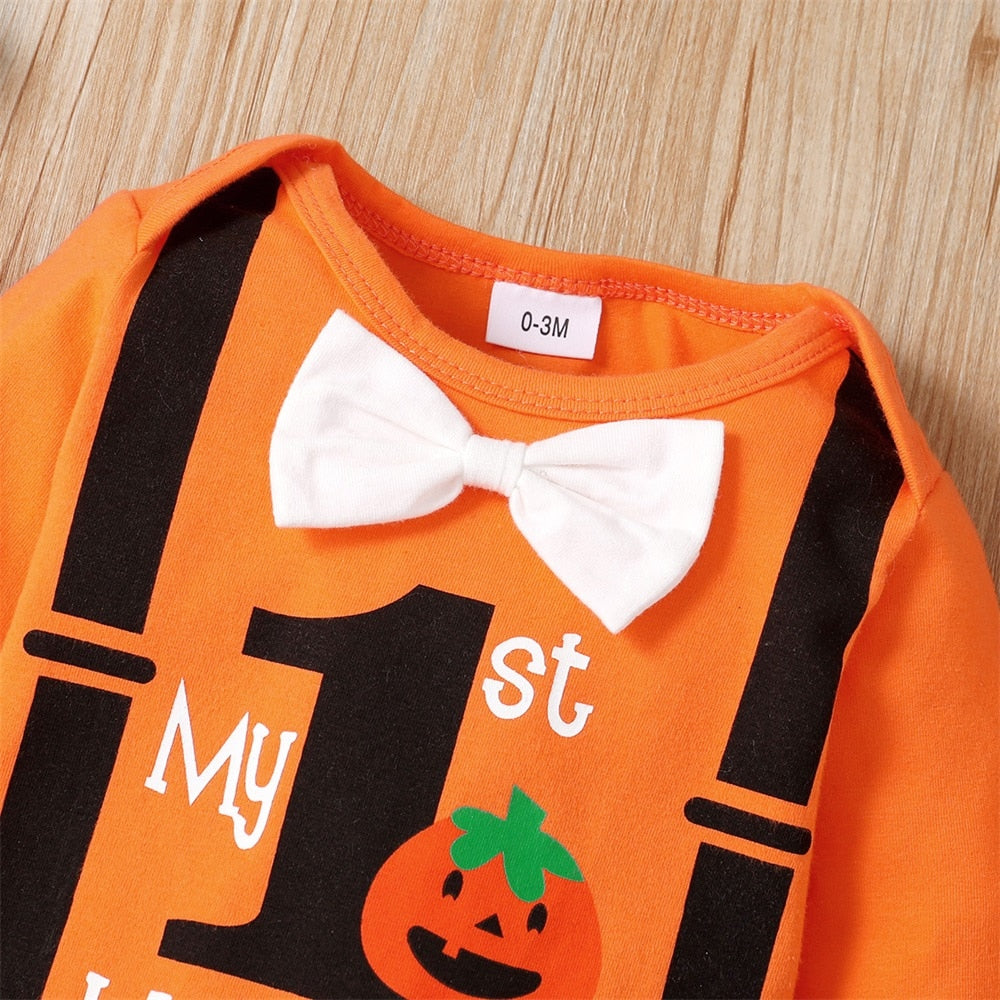 0-18M Baby Halloween Letter Pumpkin Print Bowknot 3 Pcs Set