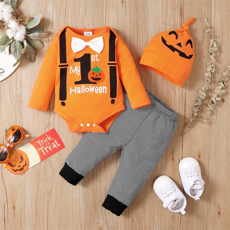 0-18M Baby Halloween Letter Pumpkin Print Bowknot 3 Pcs Set