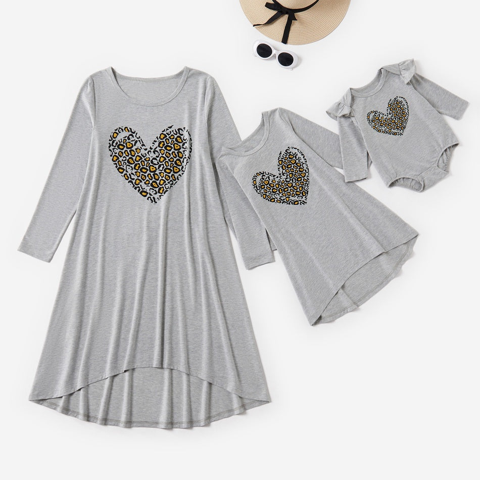 Family Matching Mosaic Mommy and Me Leopard Print Love Heart Dresses