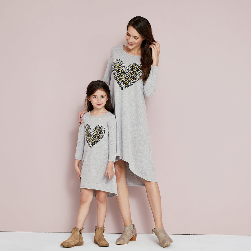 Family Matching Mosaic Mommy and Me Leopard Print Love Heart Dresses