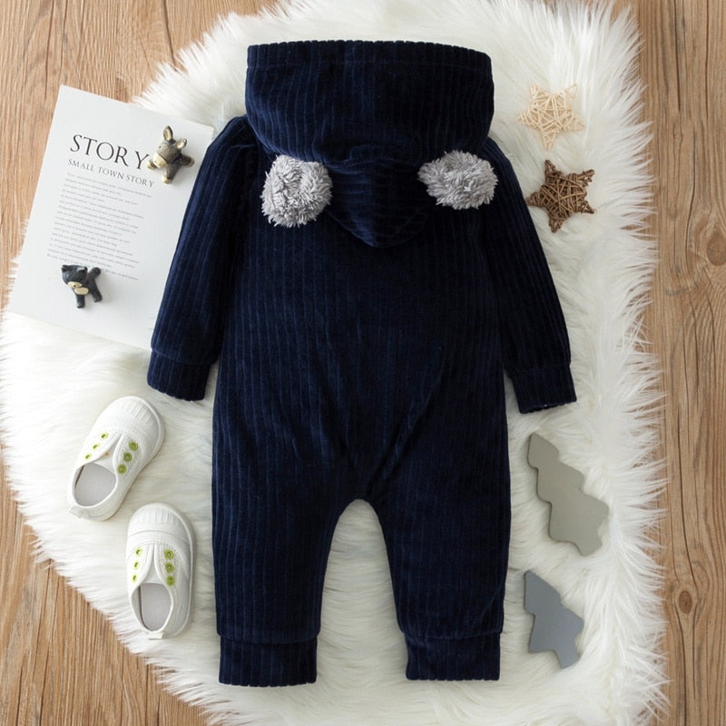 Autumn Baby Warm Fleece Bear Hooded Jumpsuit Romper