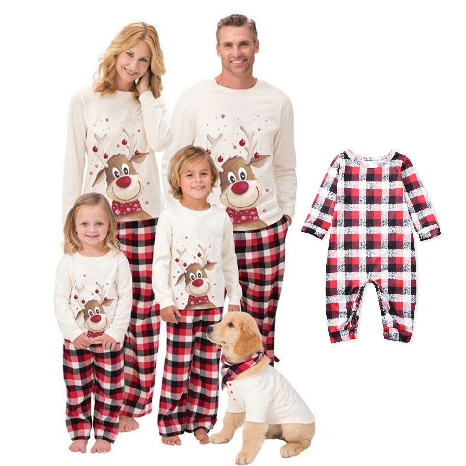 Plaid Christmas Family Matching Pajamas Set Deer Father Mother Kids Sleepwear