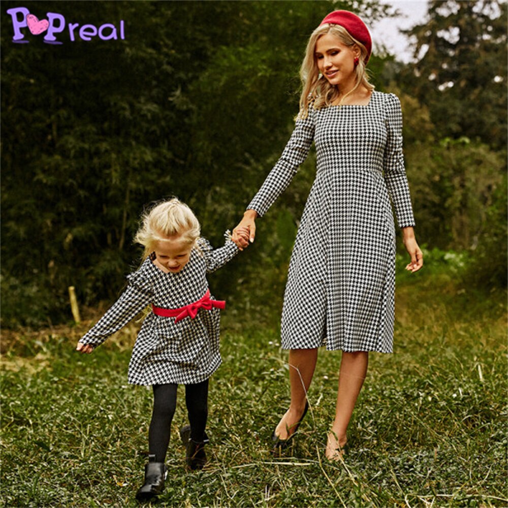 Family Matching Autumn Fashion Print Bow Mom Daughter Dresses