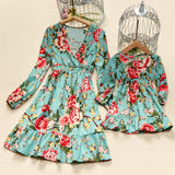 Family Matching Fashion Flowers Print Long Sleeve Dresses