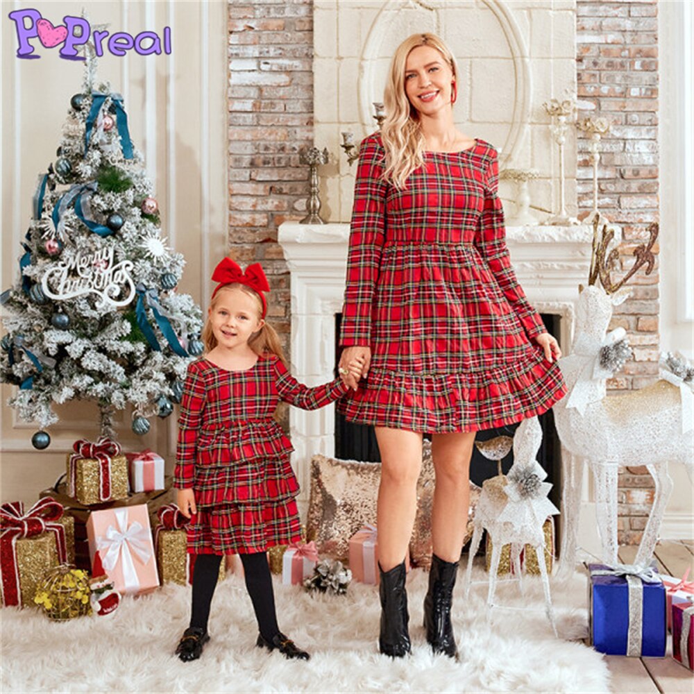 Family Matching Parent-Child Fashion Plaid Print Bow Dresses