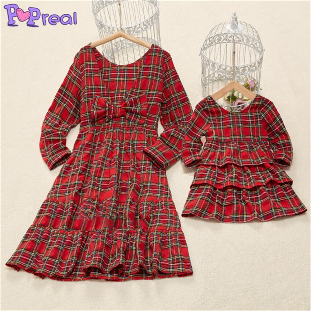 Family Matching Parent-Child Fashion Plaid Print Bow Dresses