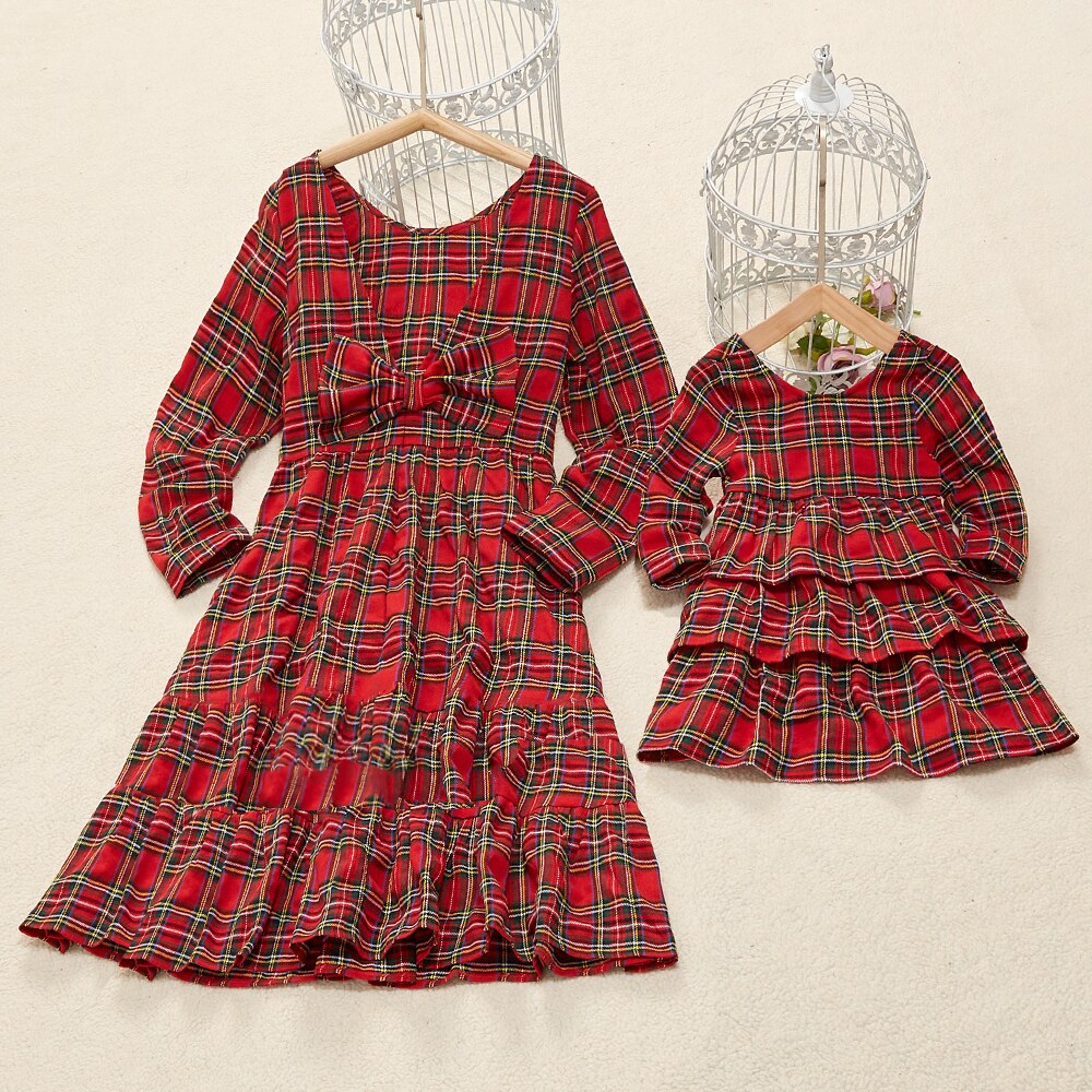 Family Matching Parent-Child Fashion Plaid Print Bow Dresses