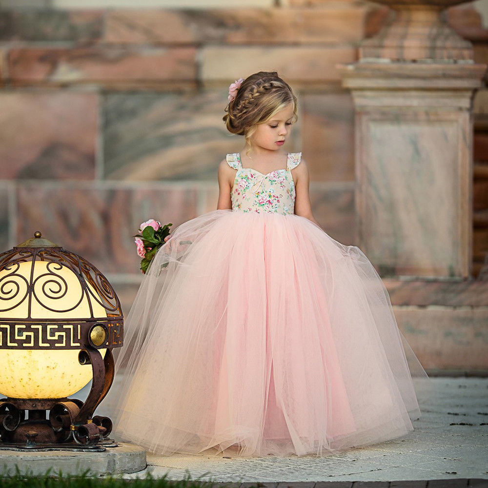Flower Girl Pageant Pink Lace Floral Princess Birthday Tutu Bridesmaid Formal Dresses 1-7Years - honeylives