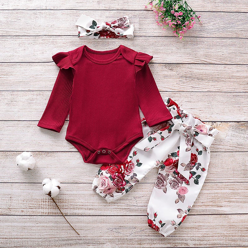 Baby Girl Knitting Ruffle Floral Valentine 3 Pcs Sets