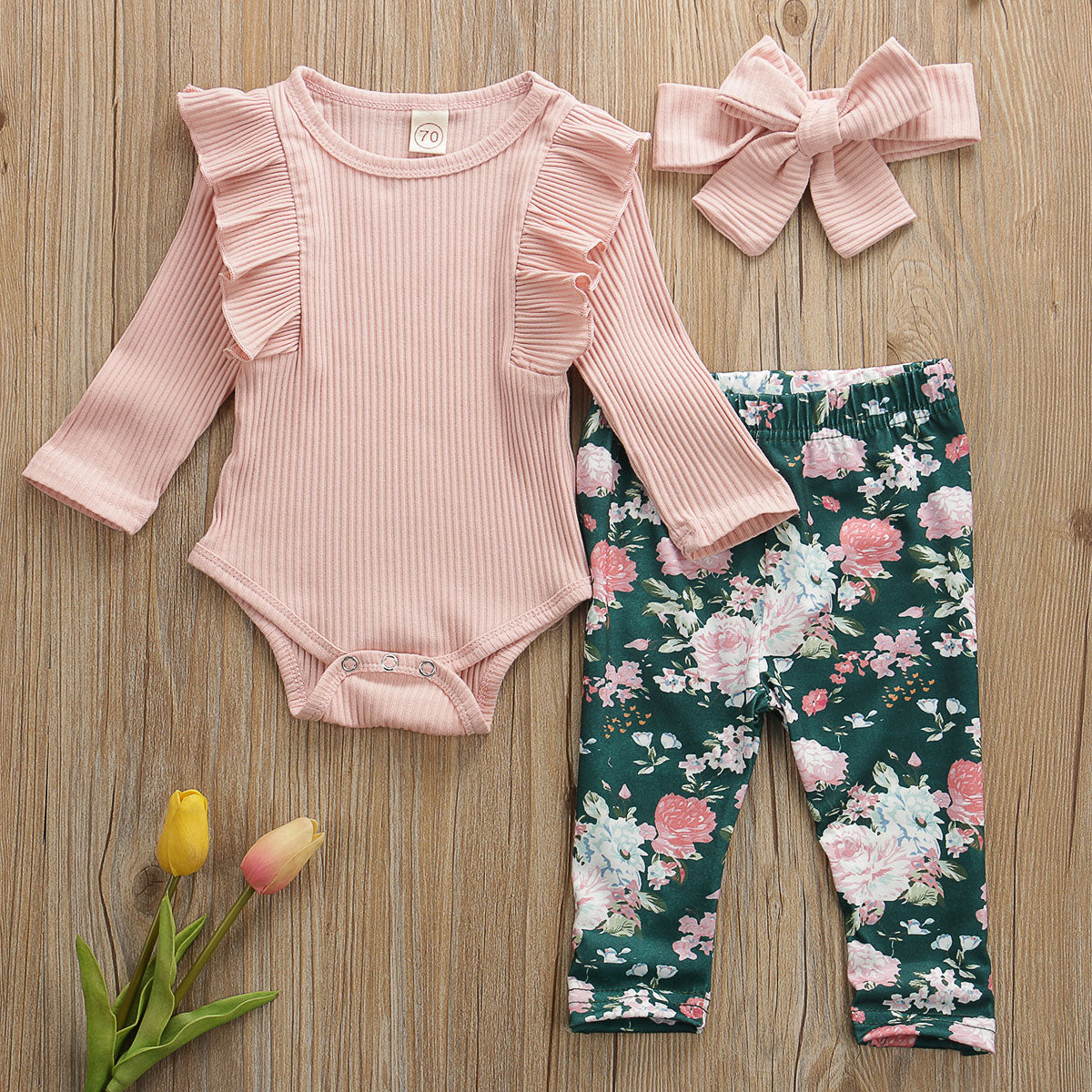 Baby Girl Solid Knitted Cotton Romper Tops Flower Print 3Pcs 0-3Years