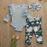 Baby Girl Solid Knitted Cotton Romper Tops Flower Print 3Pcs 0-3Years