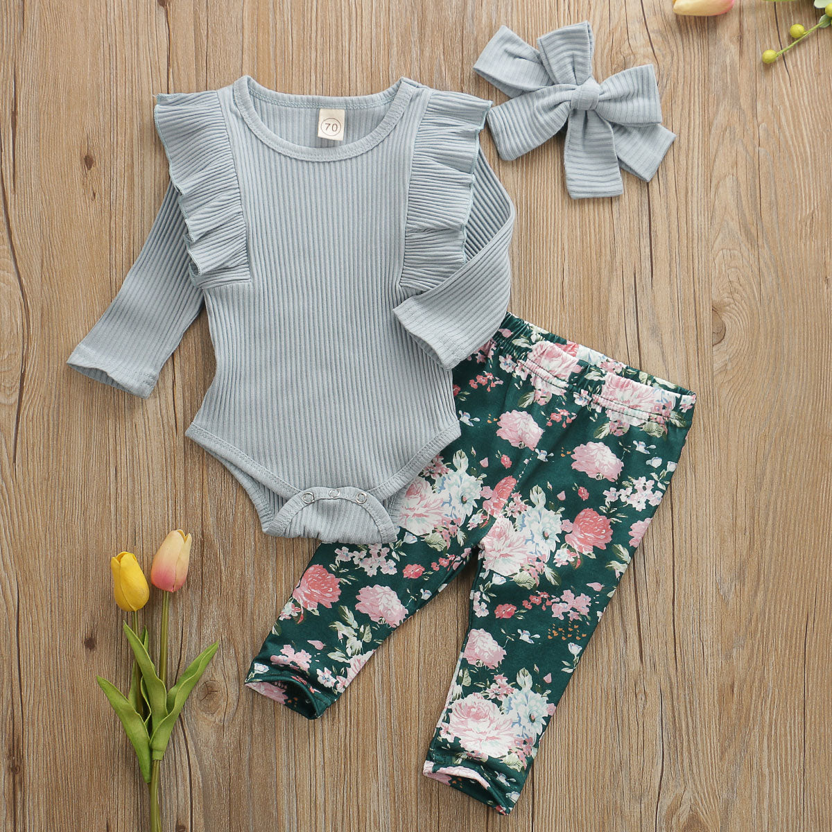 Baby Girl Solid Knitted Cotton Romper Tops Flower Print 3Pcs 0-3Years