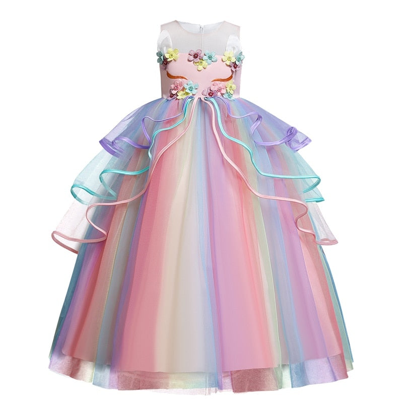 Girl Dress Rainbow Unicorn Party Elegant Flower Lace Tutu Princess Ball Dresses