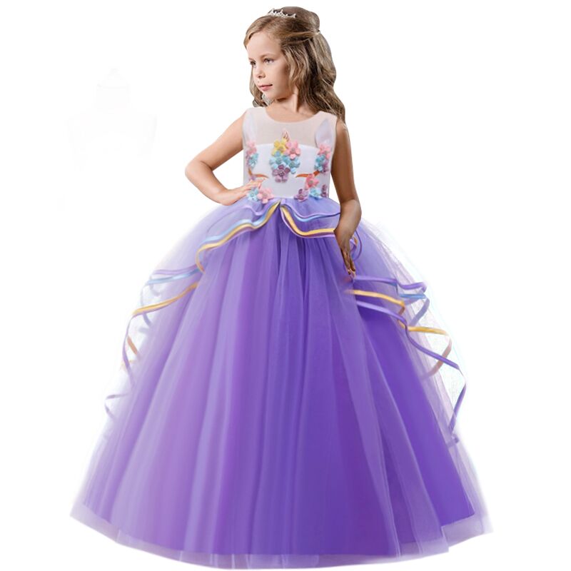 Girl Dress Rainbow Unicorn Party Elegant Flower Lace Tutu Princess Ball Dresses