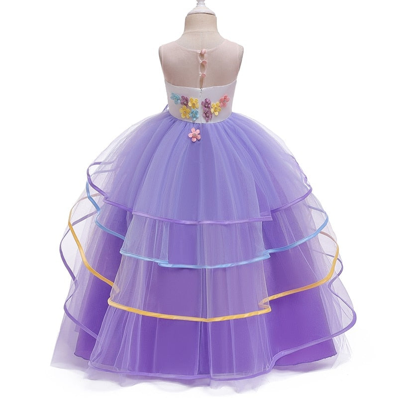 Girl Dress Rainbow Unicorn Party Elegant Flower Lace Tutu Princess Ball Dresses