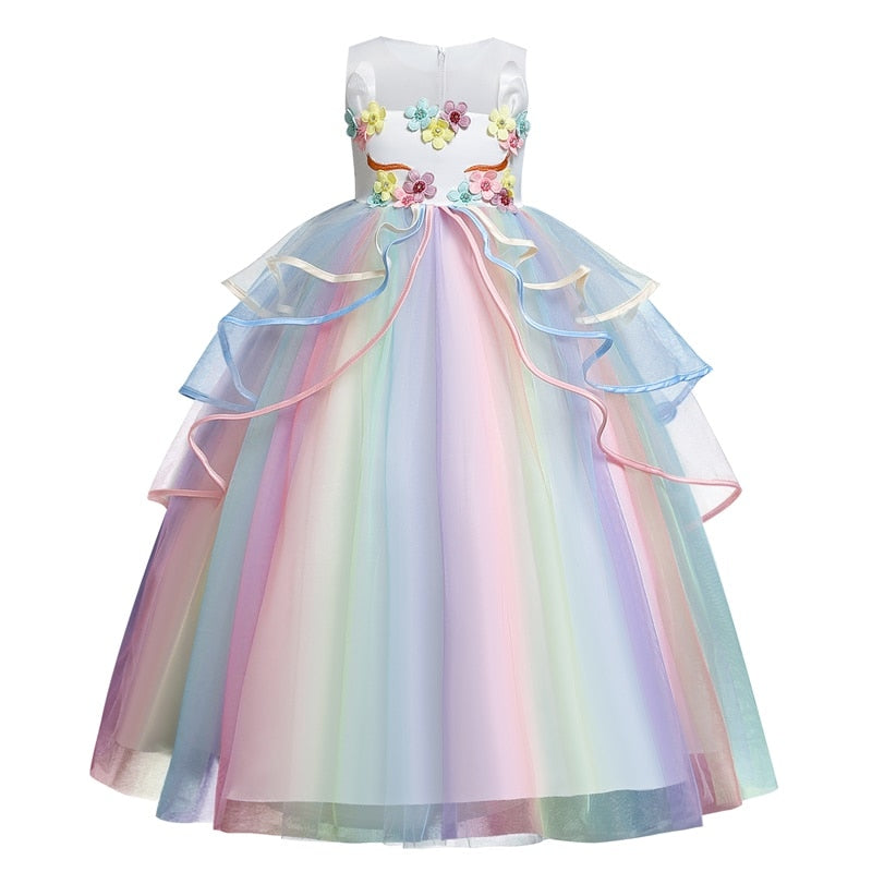Girl Dress Rainbow Unicorn Party Elegant Flower Lace Tutu Princess Ball Dresses