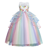 Girl Dress Rainbow Unicorn Party Elegant Flower Lace Tutu Princess Ball Dresses