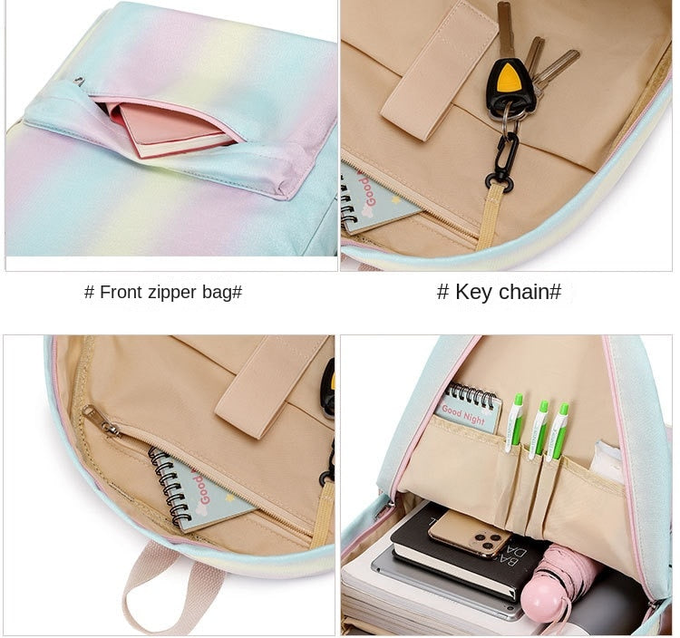 Girl Backpack 3 Piece Set Gradual Rainbow Backpack Lunch Bag Pen Bag