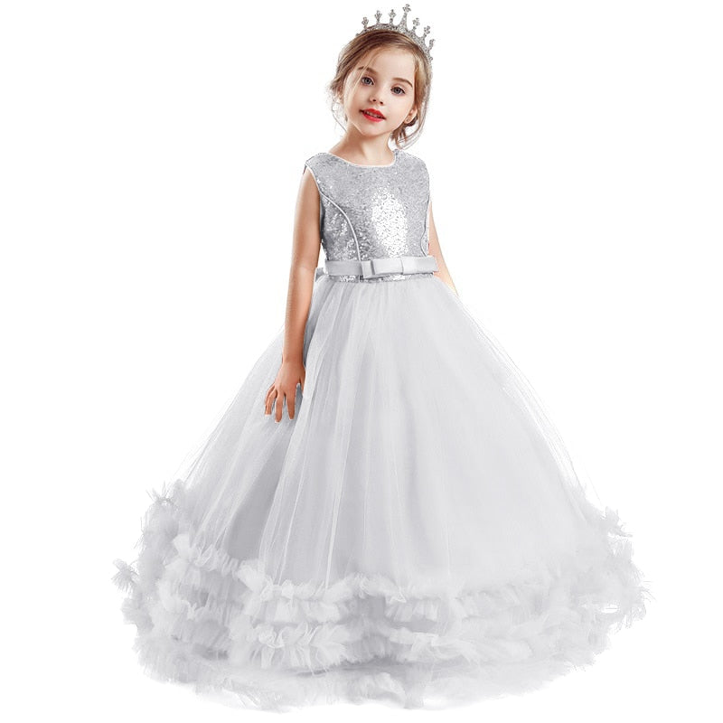 Kids Girl Sequins Bow-Knot Bithday Luxury Flower Wedding Gown Princess Dress - honeylives