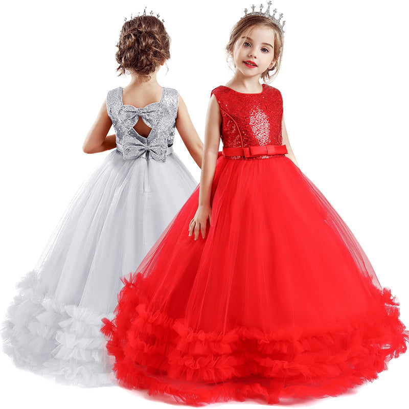 Kids Girl Sequins Bow-Knot Bithday Luxury Flower Wedding Gown Princess Dress - honeylives