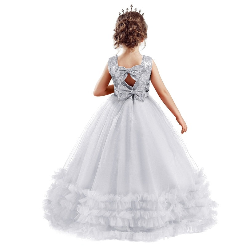Kids Girl Sequins Bow-Knot Bithday Luxury Flower Wedding Gown Princess Dress - honeylives