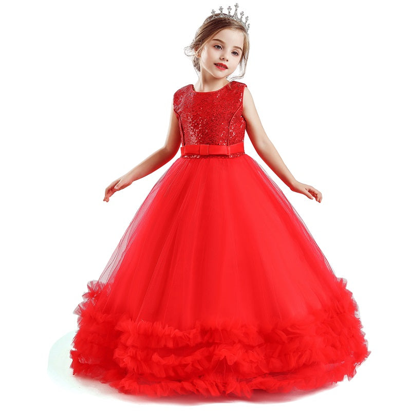 Kids Girl Sequins Bow-Knot Bithday Luxury Flower Wedding Gown Princess Dress - honeylives