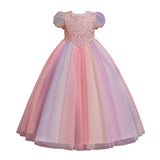 Kid Girls Sequins Flower Wedding Party Puff Sleeve Princess Pageant Dresses