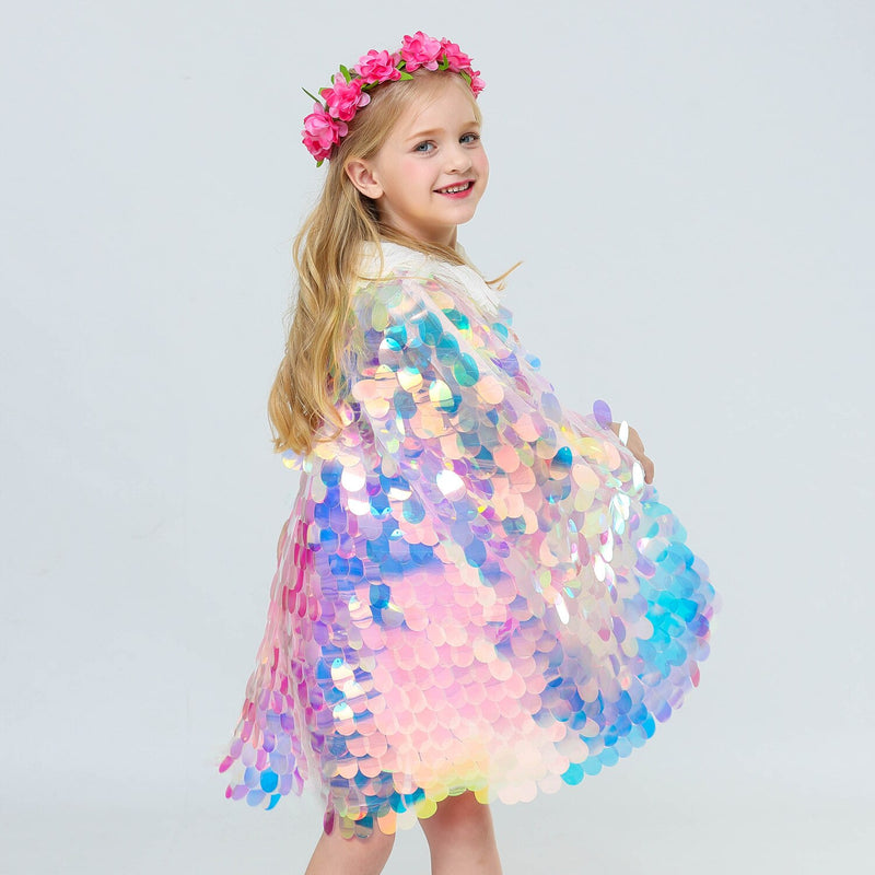 Sequins Princess Girls Cape Cloak Rainbow Shawl Coat