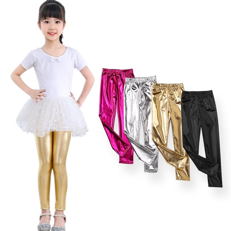 Girls Skinny Faux Leather Leggings Shiny Metallic Stretch Pants