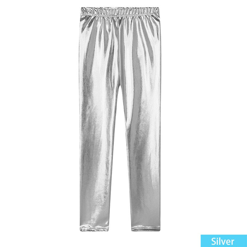 Girls Skinny Faux Leather Leggings Shiny Metallic Stretch Pants