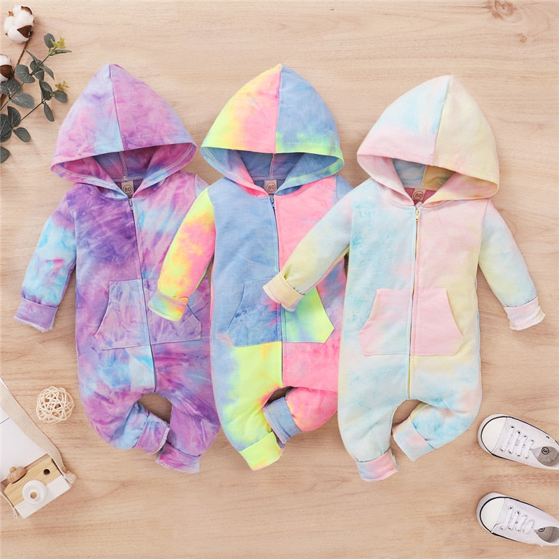 Baby Rompers Cute Infant Tie Dye Print Hooded Romper Jumpsuits One-Pieces 0-18M