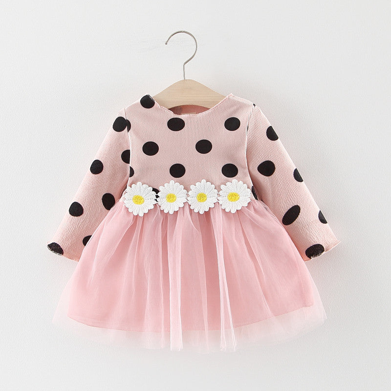 Baby Girls Cotton Long Sleeve  Polka Dot Flower Dress