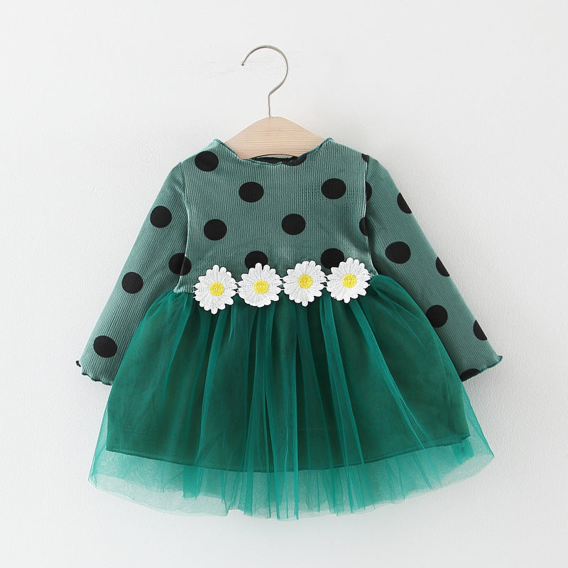 Baby Girls Cotton Long Sleeve  Polka Dot Flower Dress