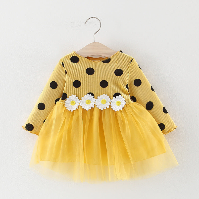 Baby Girls Cotton Long Sleeve  Polka Dot Flower Dress