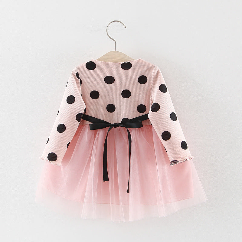 Baby Girls Cotton Long Sleeve  Polka Dot Flower Dress