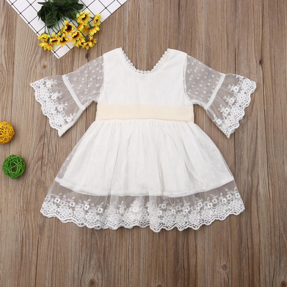Baby Mädchen Brautjungfer Weiß Mode Party Spitze Schleife Kleider 0-5Y