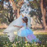 Summer Girls Unicorn Dress with Headband Birthday Party Rainbow Ball Gown 4-10T - honeylives