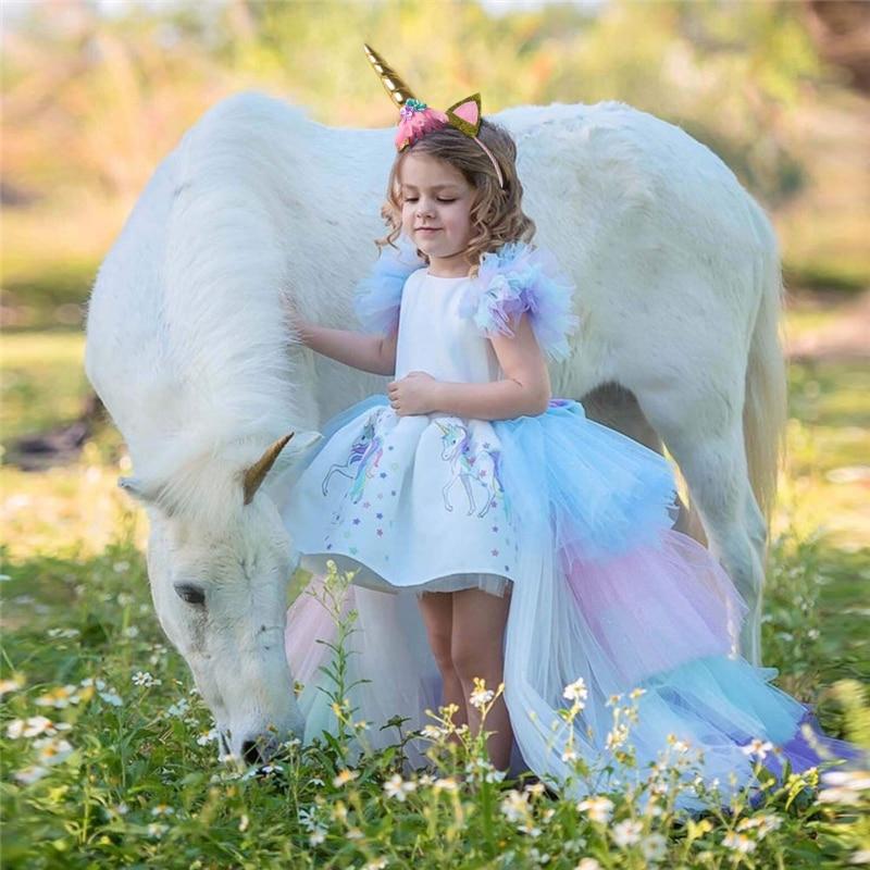 Summer Girls Unicorn Dress with Headband Birthday Party Rainbow Ball Gown 4-10T - honeylives