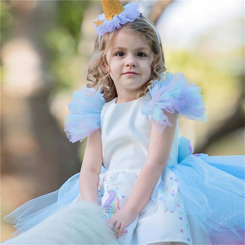 Summer Girls Unicorn Dress with Headband Birthday Party Rainbow Ball Gown 4-10T - honeylives