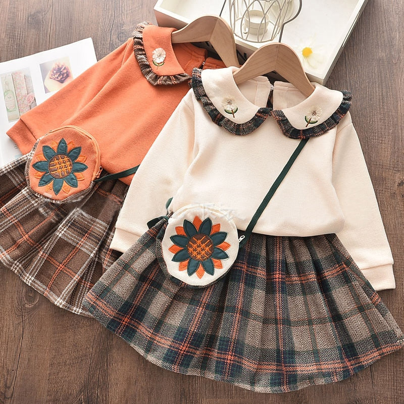 Toddler Girl Spring Solid Turndown Collar Flower Dress Suit  3 Pcs Sets