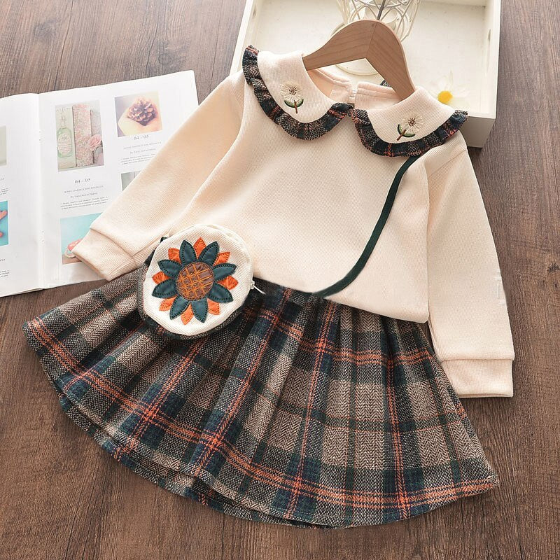Toddler Girl Spring Solid Turndown Collar Flower Dress Suit  3 Pcs Sets
