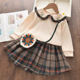 Toddler Girl Spring Solid Turndown Collar Flower Dress Suit  3 Pcs Sets