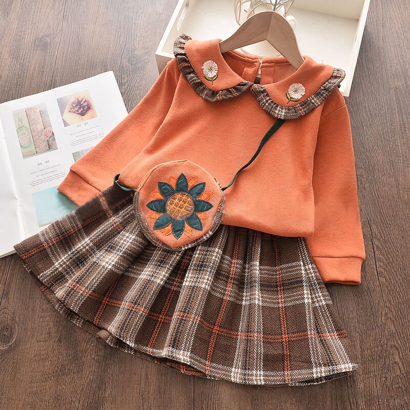 Toddler Girl Spring Solid Turndown Collar Flower Dress Suit  3 Pcs Sets